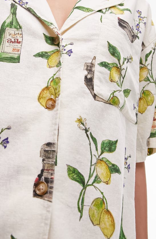 Shop Topshop Still Life Print Linen Blend Short Sleeve Button-up Shirt In Cream