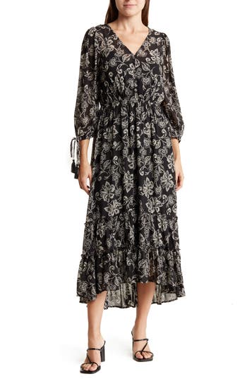 Shop Lovestitch Floral High-low Dress In Black/natural