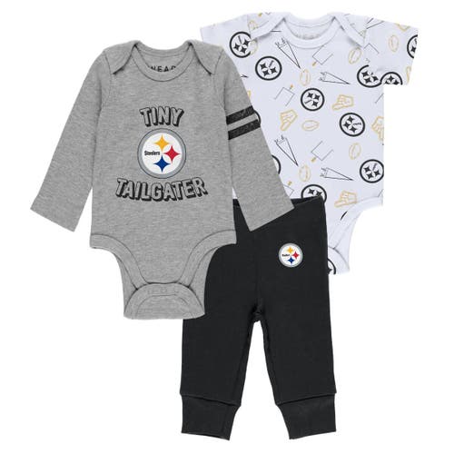 Newborn & Infant WEAR by Erin Andrews Gray/Black/White Pittsburgh Steelers Three-Piece Turn Me Around Bodysuits & Pant Set