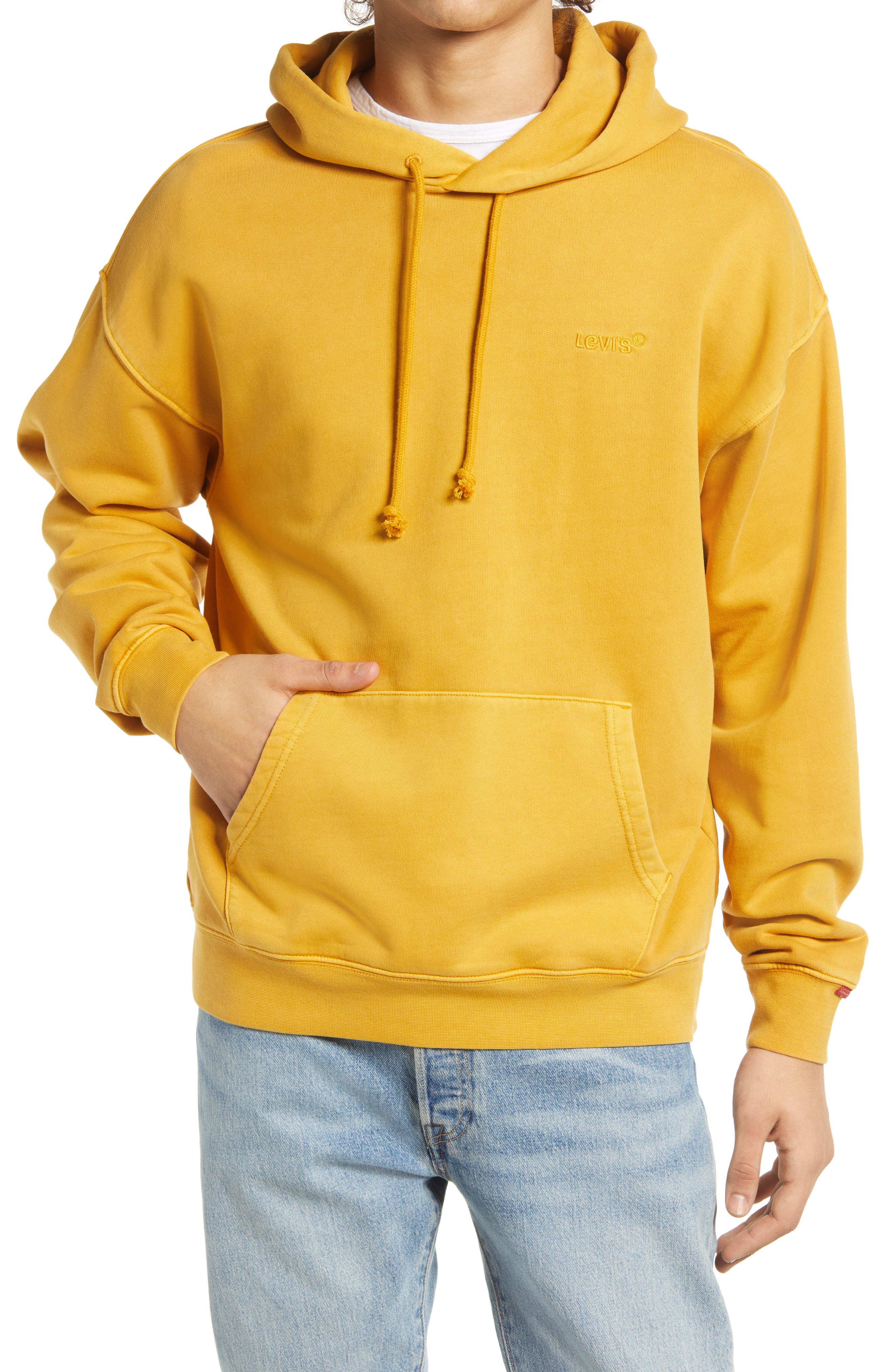 a yellow hoodie
