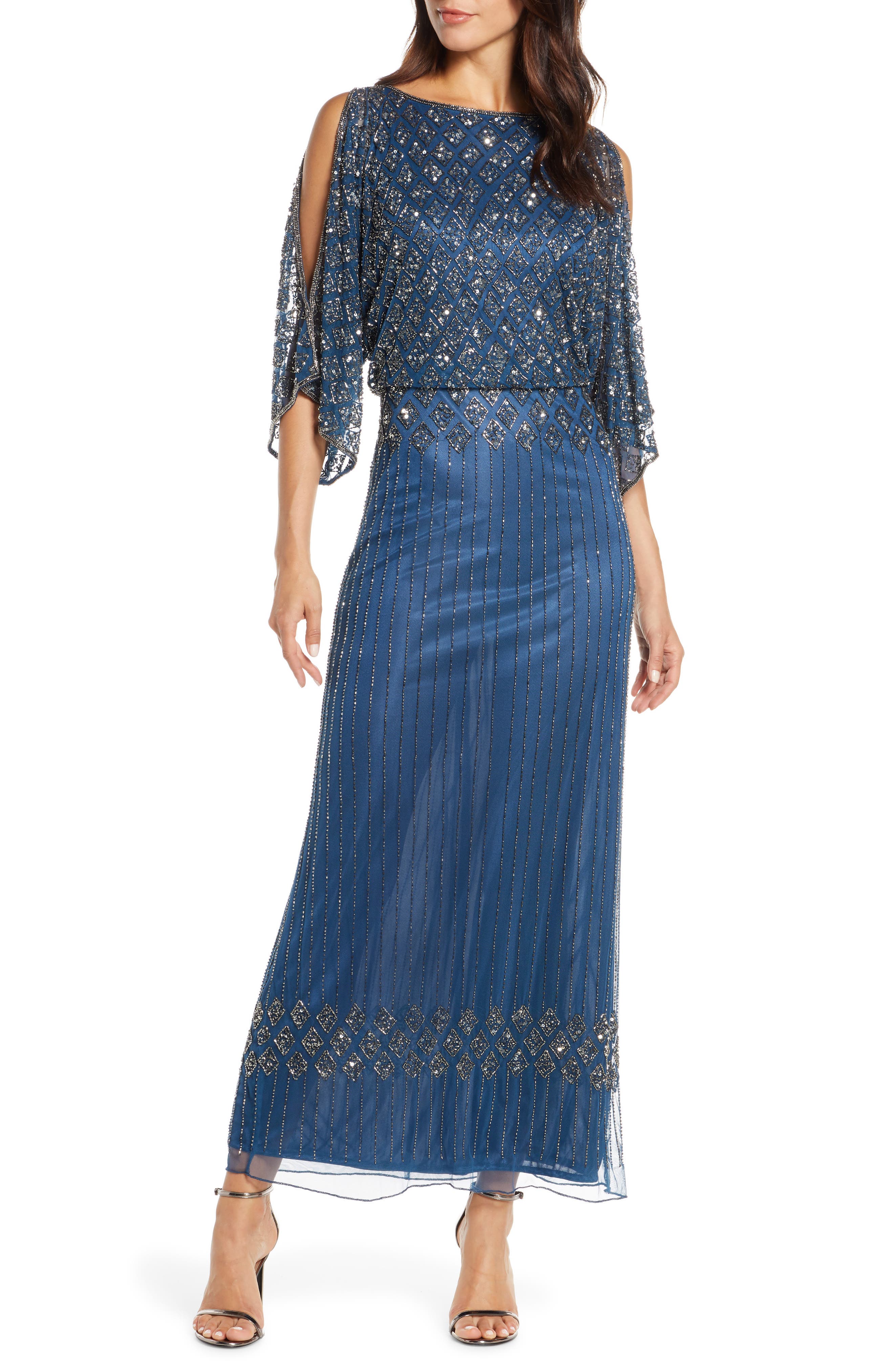 Pisarro Nights Diamond Motif Mesh Blouson Gown