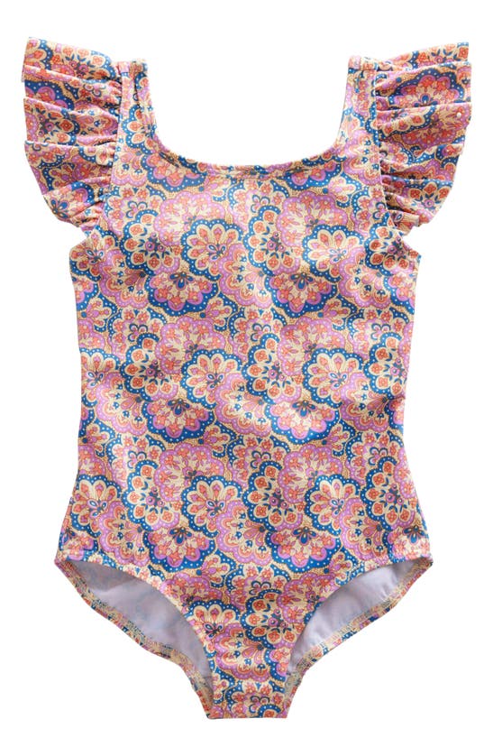 Mini Boden Kids' Paisley Ruffle One-piece Swimsuit In Lupin Peach Sorbet Paisley