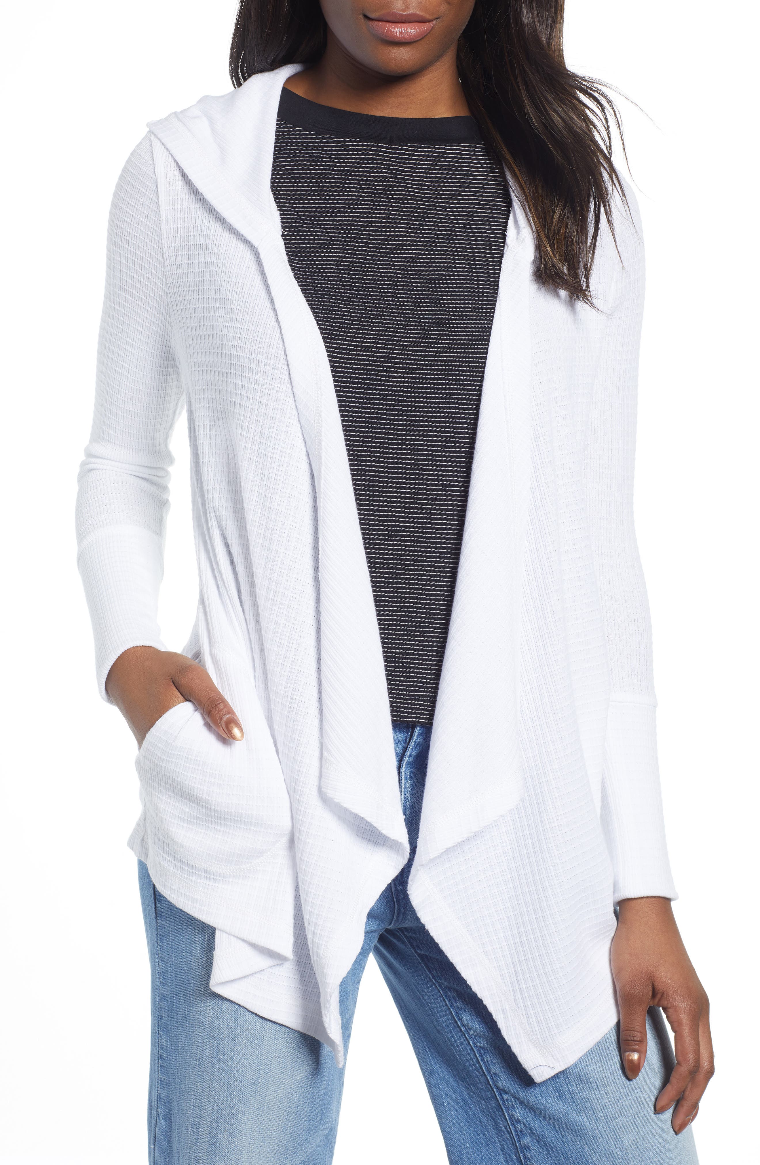 Petite Caslon Off Duty Waffle Cardigan, White