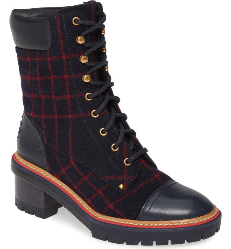 TORY BURCH Miller Lug Sole Bootie, Main, color, CHECKED WOOL / TORY NAVY