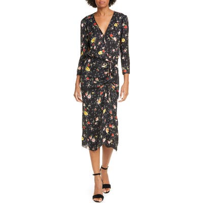 Veronica Beard Arielle Floral Print Silk Faux Wrap Midi Dress, Black