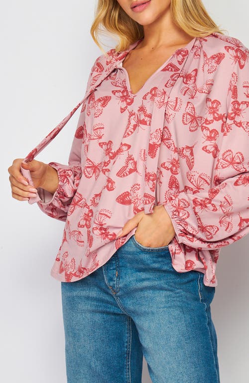 Bluegrey Poet Tie Front Long Sleeve Top In Dusty Rose