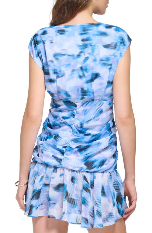Shop Dkny Print Ruched Ruffle Minidress In Frosting Blue/white Multi