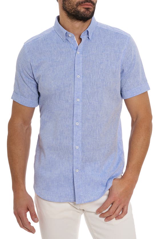 Shop Robert Graham Palmer Tailored Fit Short Sleeve Linen Blend Button-up Shirt In Blue