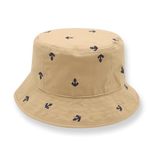 Shop Hope & Henry Boys' Bucket Hat In Khaki With Navy Anchors