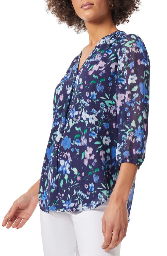 Shop Jones New York Floral Pleated V-neck Top In Navy/ Light Sapphire Floral