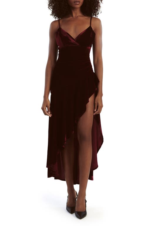 Shop Bardot Sorella Velour Asymmetric Midi Dress In Burgundy