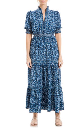 Max Studio Floral Short Sleeve Tiered Maxi Dress In Navy/cream
