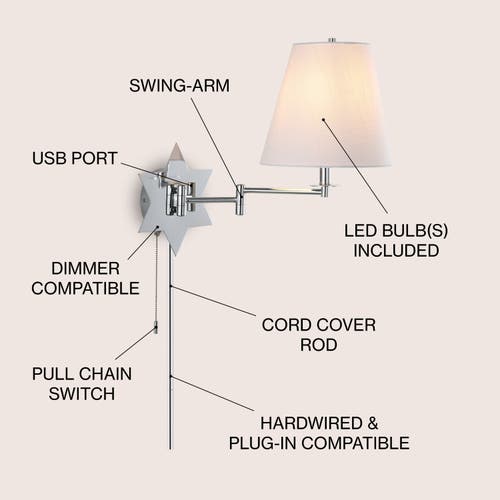Jonathan Y David 1-light French Country Swing Arm Wall Sconce With Led, Usb Port, And Pull-chain In Chrome/grey