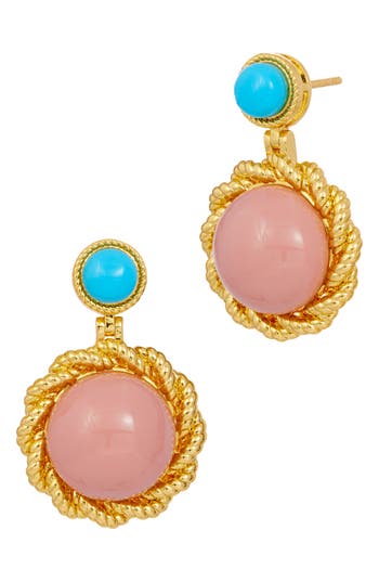 Shop Savvy Cie Jewels Two-tone Drop Earrings In Yellow Gold/pink/blue