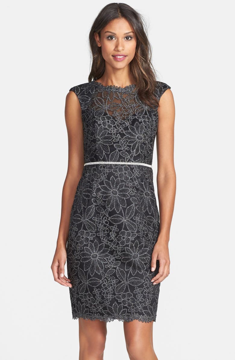 JS Collections Illusion Yoke Embroidered Mesh Sheath Dress | Nordstrom