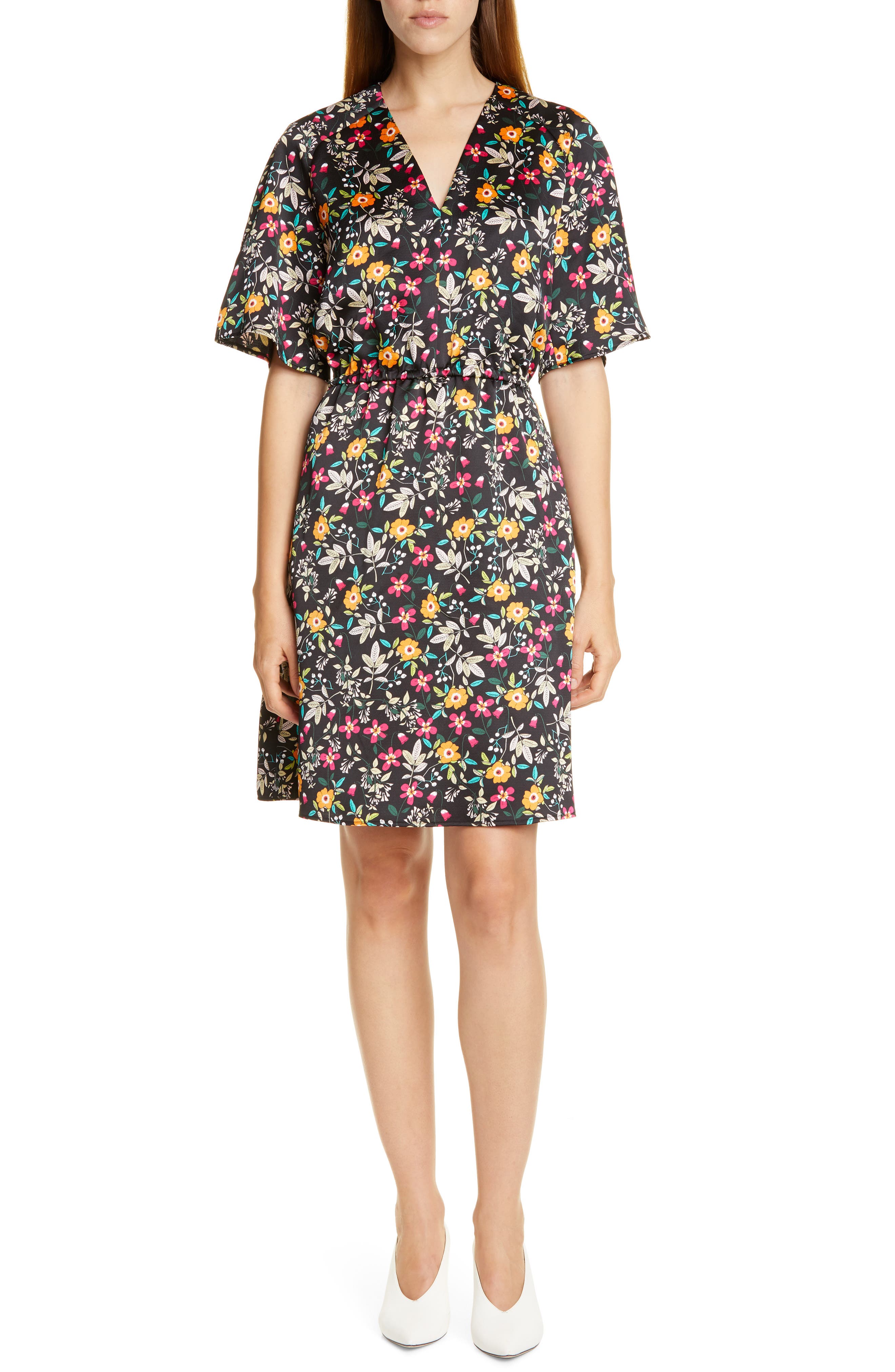 Hugo Kabela Floral Satin V-Neck Dress, Black