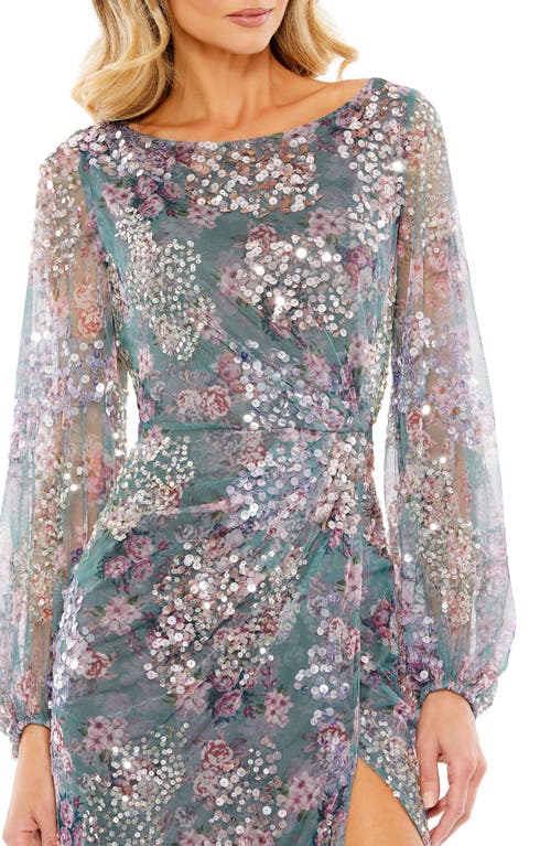 Shop Mac Duggal Sequin Floral Long Sleeve Gown In Grey Multi