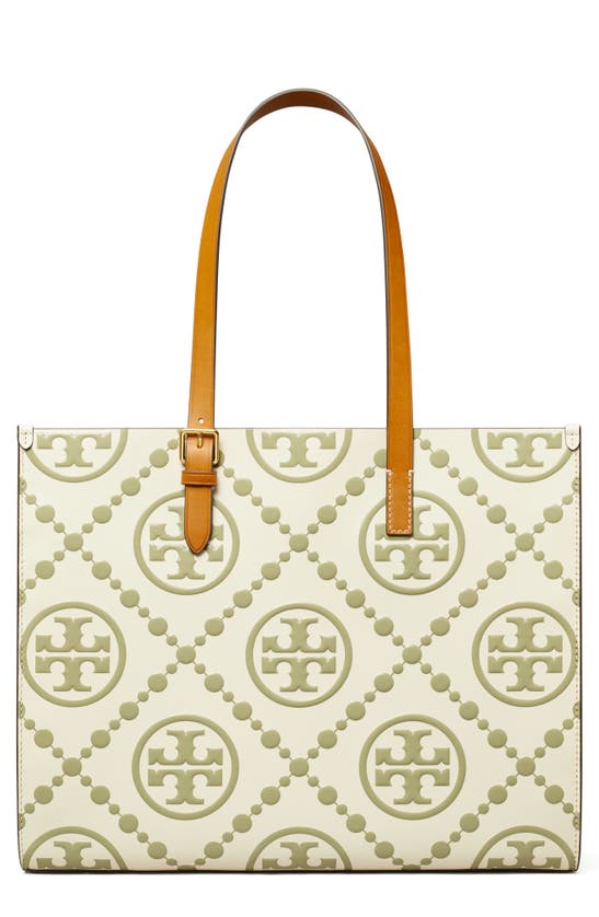 Shop Tory Burch T Monogram Contrast Embossed Leather Tote In Olive Spring