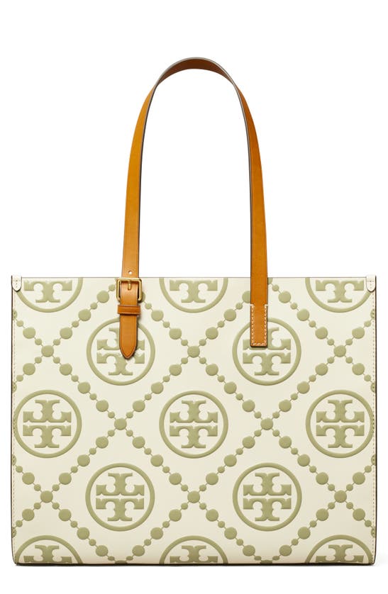 Tory Burch T Monogram Contrast Embossed Leather Tote In Olive Spring