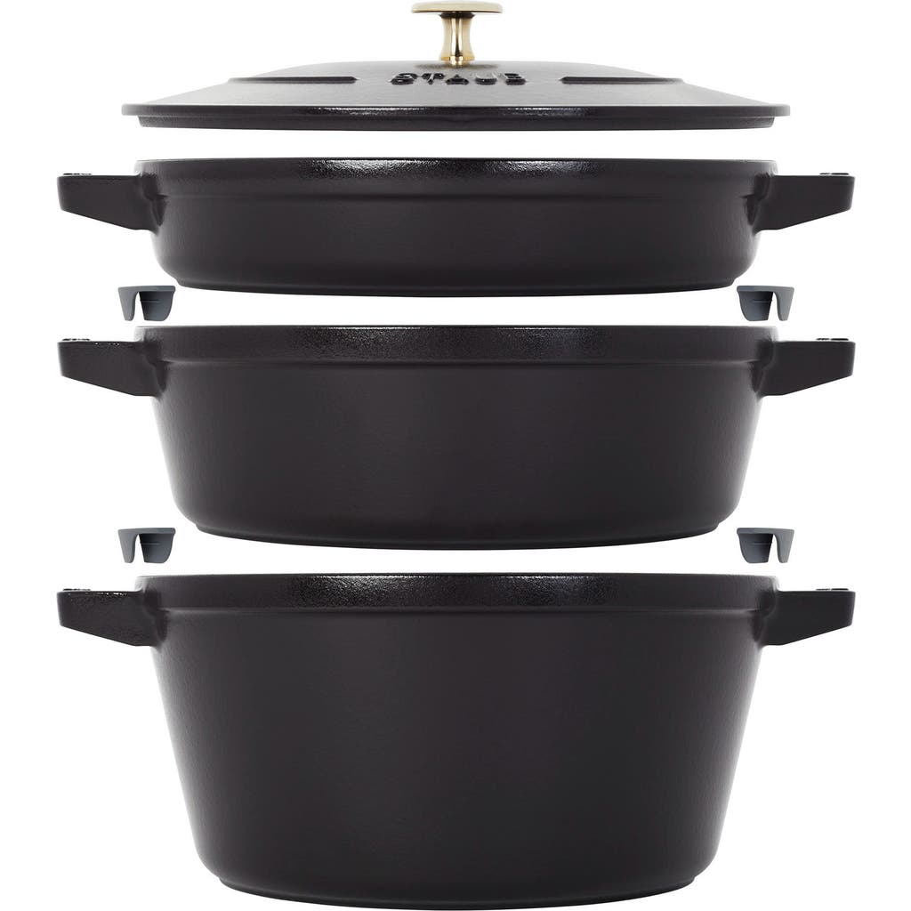 Staub Black Stackable Cast-iron Set Of Four With Lid In Black
