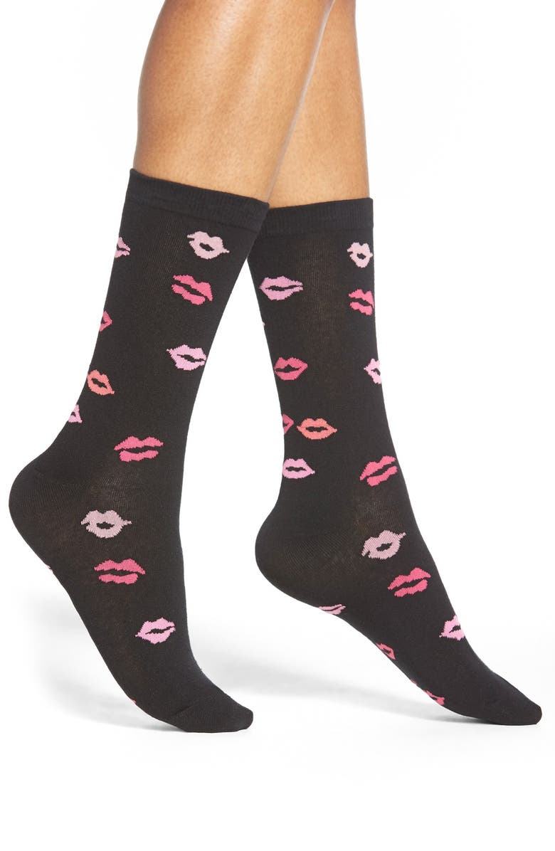 KATE SPADE NEW YORK 'stamped lips' crew socks, Main, color, BLACK