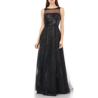 Carmen Marc Valvo Infusion Illusion Yoke Sequin Stripe Tulle Gown, Black