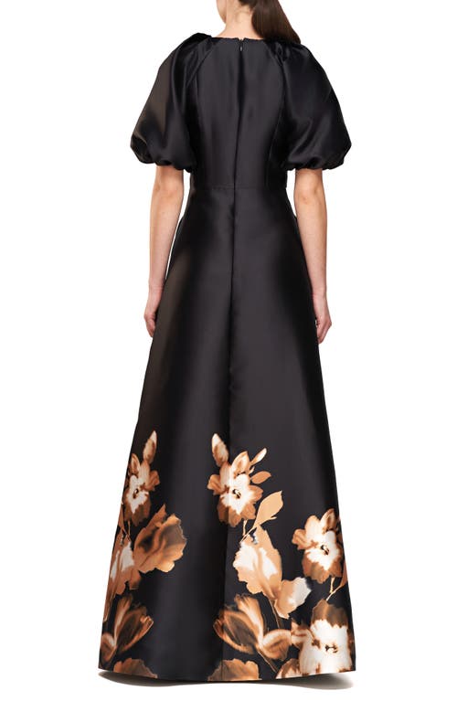 Shop Kay Unger Delfina Puff Sleeve Mikado Gown In Black/fall Gold