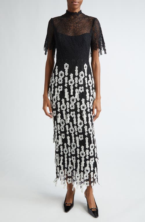 Lela Rose Floral Embroidered Tiered Lace Dress in Black/White 