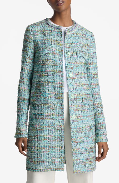 Shop St John St. John Collection Gauzy Multiyarn Metallic Tweed Long Jacket In Seafoam/ecru Multi