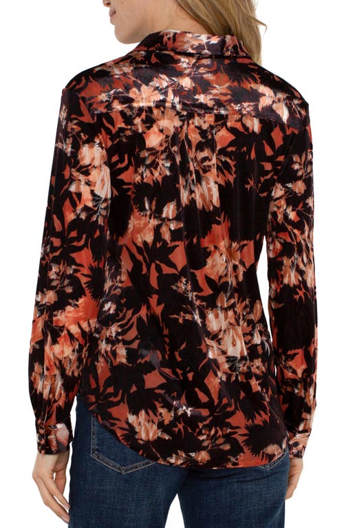 Shop Liverpool Floral Burnout Velvet Button-up Shirt In Fire Opal Burnout