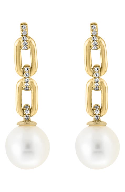 14K Gold Freshwater Pearl & Diamond Drop Earrings - 0.09ct