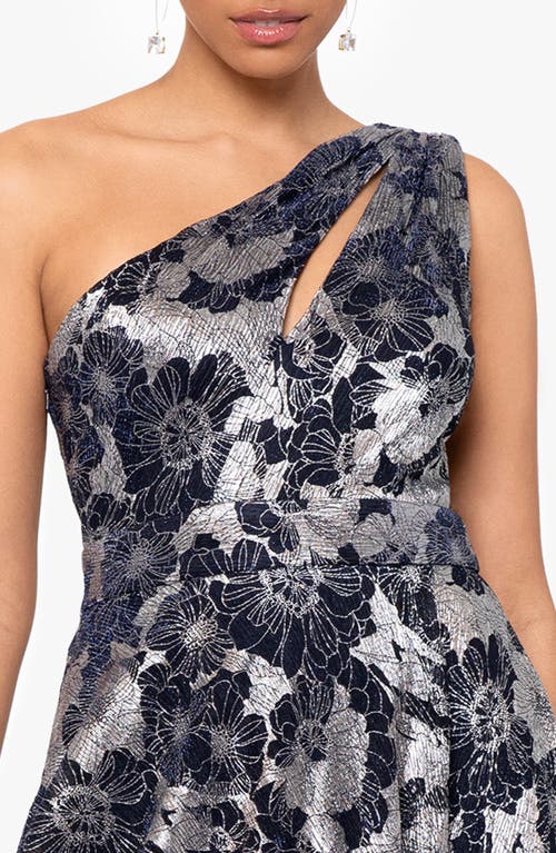 Shop Betsy & Adam Metallic Floral One-shoulder Gown In Navy/gunmetal