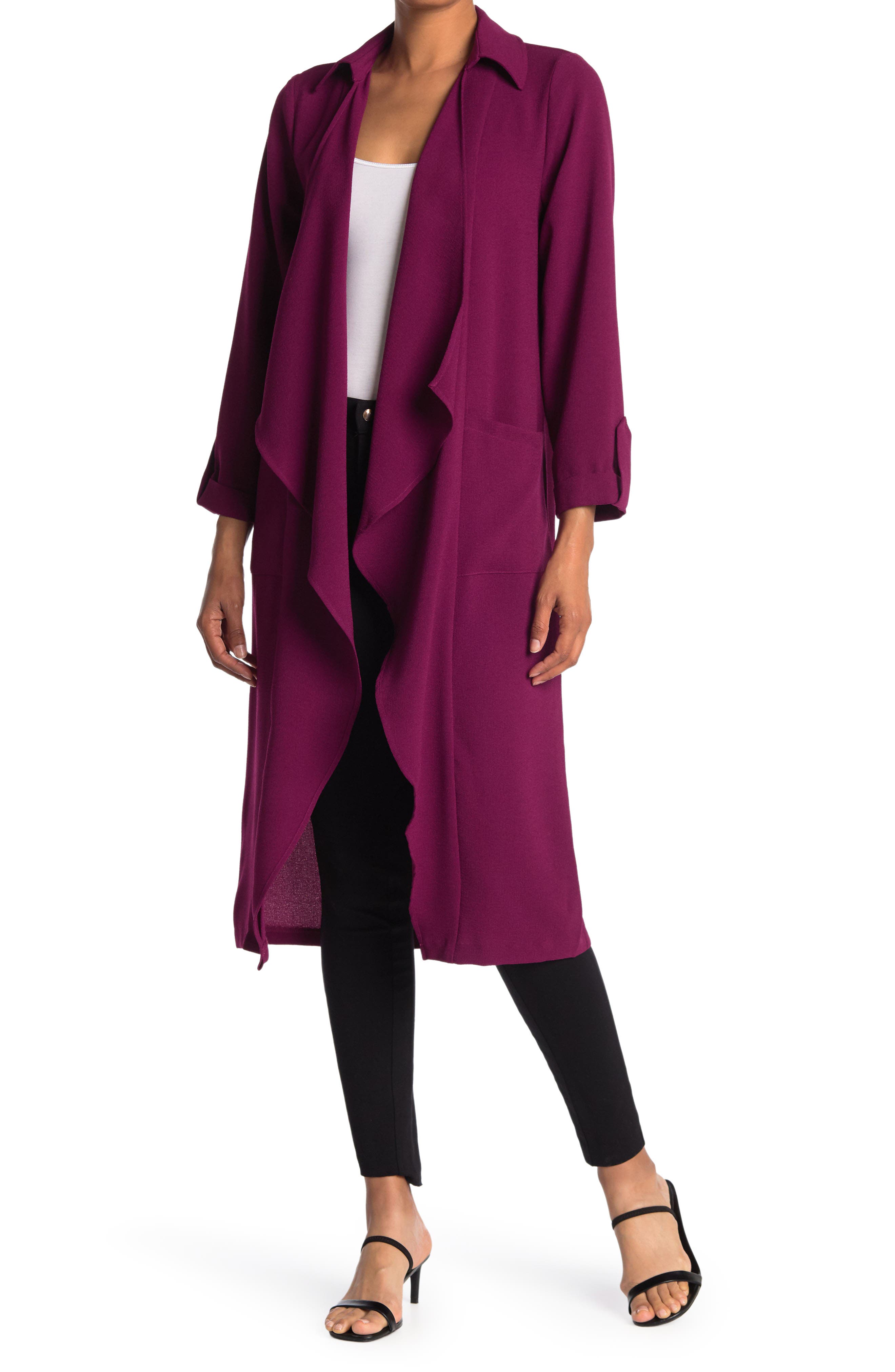 draped open front trench duster