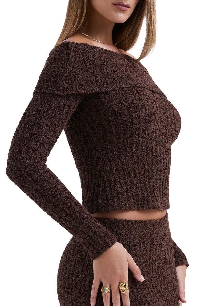 HOUSE OF CB Saffron Rib Off the Shoulder Crop Sweater, Alternate, color, Chocolate Brown