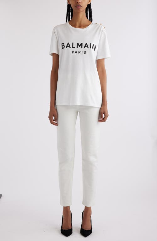 Shop Balmain Button Shoulder Cotton Logo Graphic T-shirt In Gab White/black