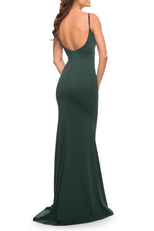 La Femme Simple Elegant Long Jersey Dress With Scoop Neck In Emerald