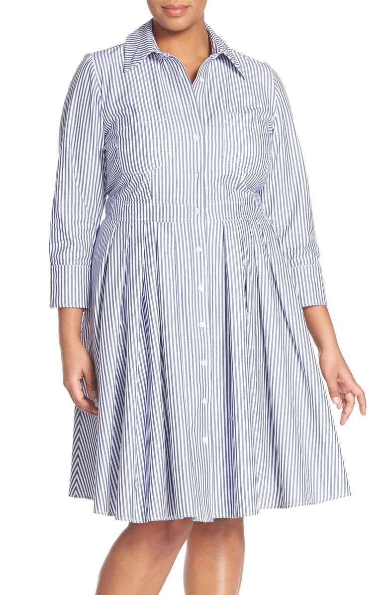 Eliza J Stripe Cotton Poplin Fit & Flare Shirtdress (Plus Size) | Nordstrom