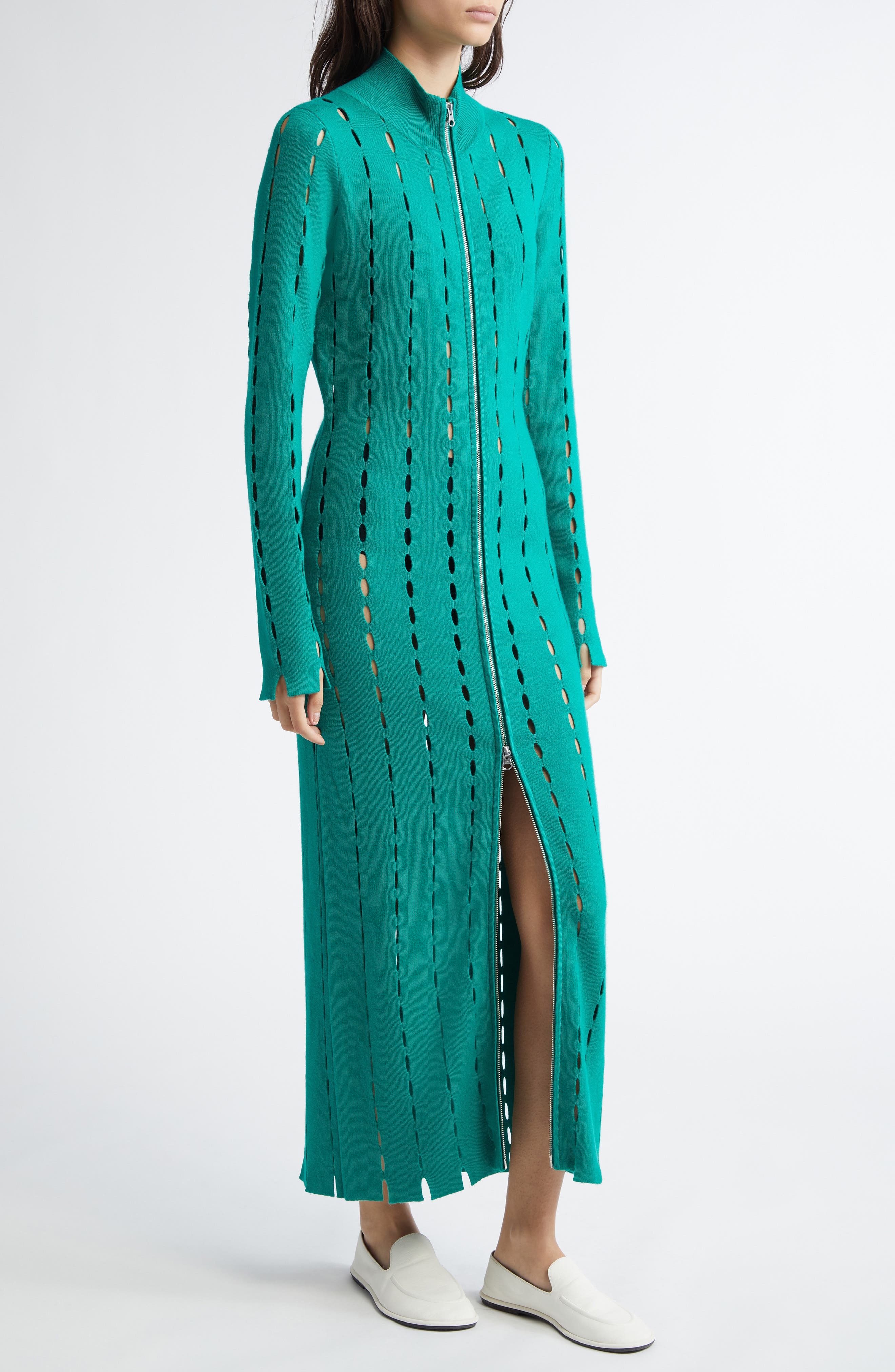 ZANKOV Anatonia Allover Cutout Zip Longline Cardigan in Emerald 