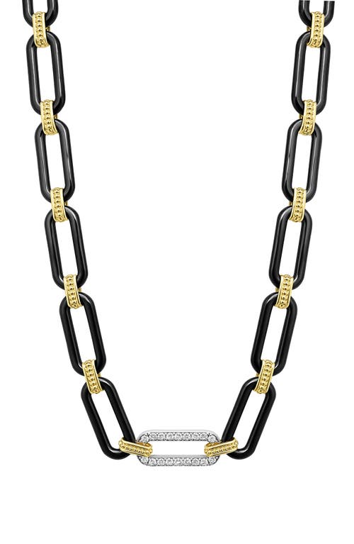 Lagos 18k Yellow & White Gold Signature Caviar Diamond & Black Ceramic Station Link Necklace, 18 In Black