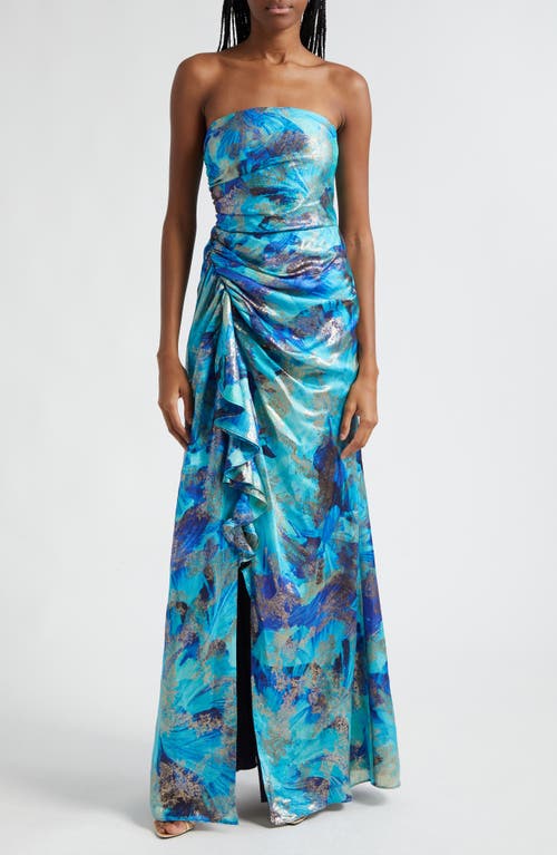 Carr Metallic Floral Strapless Sheath Gown in Spring Navy Floral