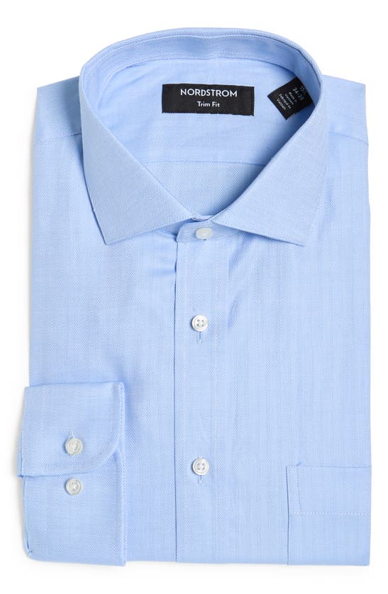 Shop Nordstrom Trim Fit Herringbone Oxford Solid Dress Shirt In White - Blue Dandy Varihbone