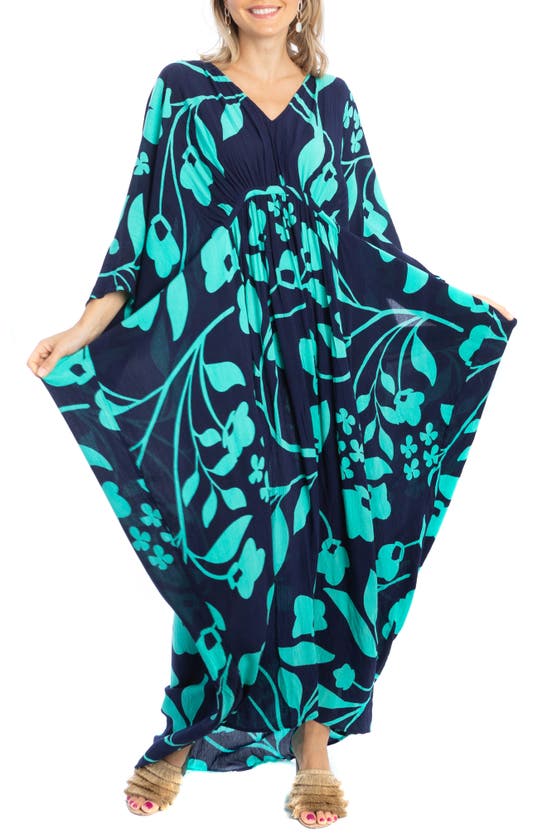 Shop Saachi Floral Motif Maxi Kaftan In Navy