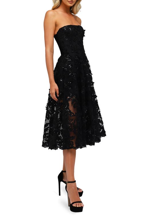 Florence Sequin Floral Strapless Midi Dress in Black