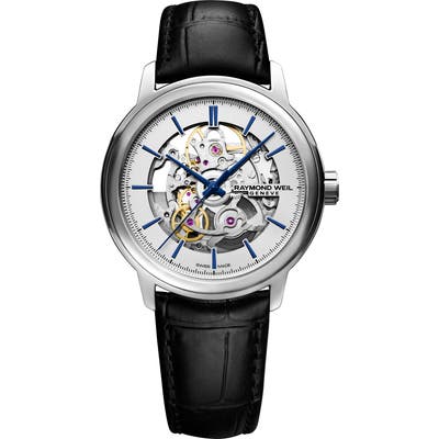 Raymond Weil Maestro Skeleton Automatic Leather Strap Watch, 39.5Mm