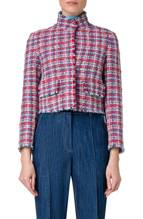 Akris punto Fringed Tweed Crop Jacket in 076 Red-Blue Denim-Multi at Nordstrom, Size 2