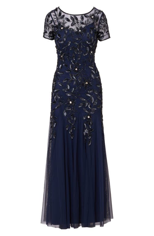 Adrianna Papell Floral Embroidered Beaded Trumpet Gown In Light Navy