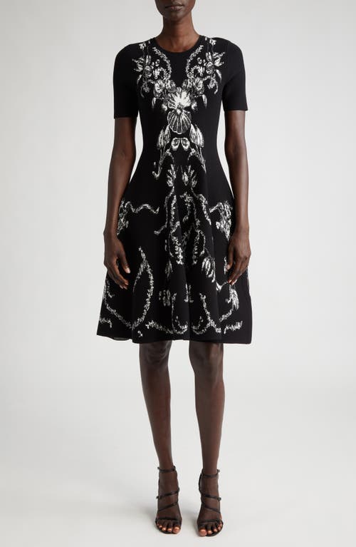 Jason Wu Collection Floral Jacquard Fit & Flare Knit Dress in Black/Chalk at Nordstrom, Size Medium