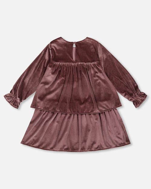 Shop Deux Par Deux Girl's Long Sleeve Metallic Dress With Frills Burgundy In Prune