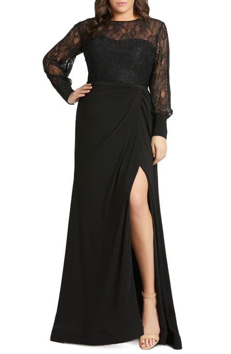 Long Sleeve Lace Illusion Gown (Plus Size)