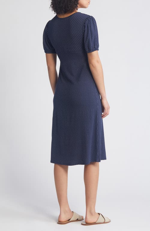 Shop Loveappella Polka Dot Puff Sleeve Midi Dress In Navy/white